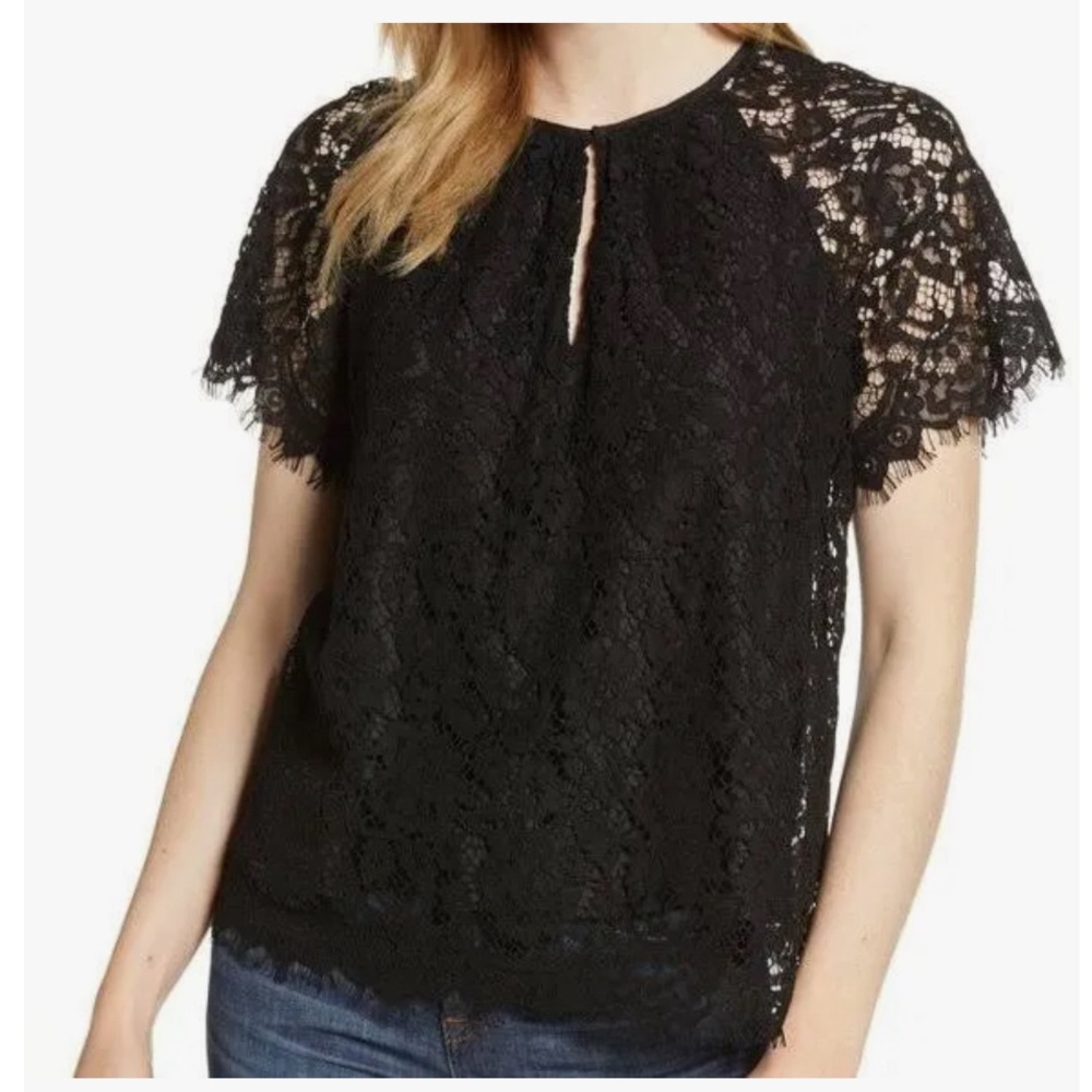 Jcrew black lace top with slit front neckline